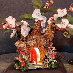 Fairy garden cherry tree outhouse, cherry blossom dollhouse outhouse
