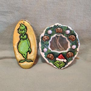 Grinch Christmas ornament set, Dr Seuss Grinch Christmas ornament set, clay Grinch Christmas ornaments