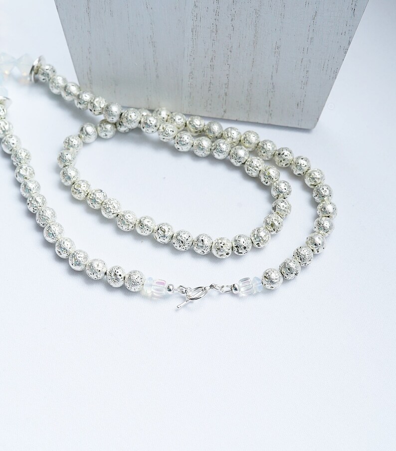 Silver Lava Beads Peach Druzy Quartz Necklace