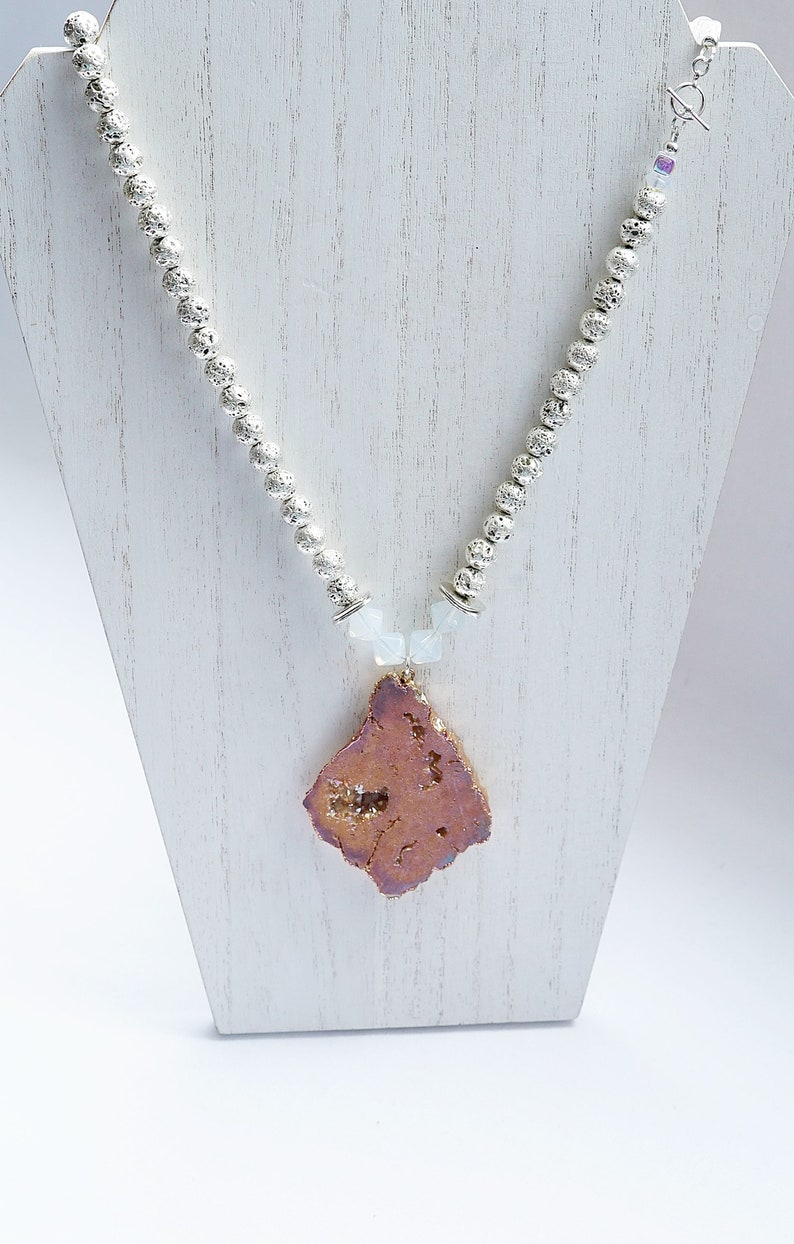 Silver Lava Beads Peach Druzy Quartz Necklace