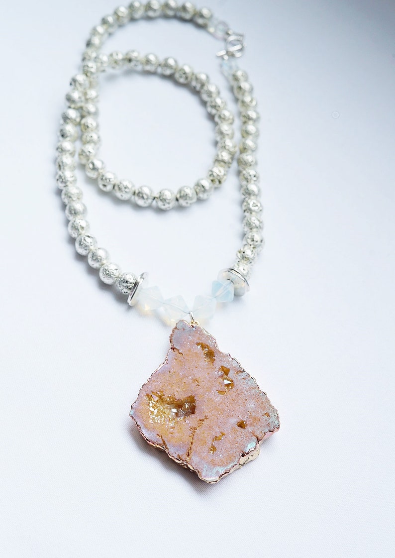 Silver Lava Beads Peach Druzy Quartz Necklace