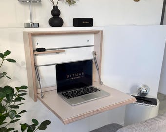 SMALL FOLDING DESK• Sand Beige Writing Drop Down Space Saving Office Secretary Murphy Table