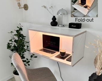 FLOATING SHELF DESK• White Hidden Wall Mounted Home Office Fold Down Space Saving Workstation