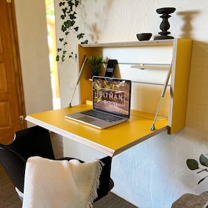 ORIGINAL FOLDING DESK• -Curry Yellow- Study Desk Wall Mounted Folding Desk Space Saving Desk Office Desk Secretary Floating Desk Plywood