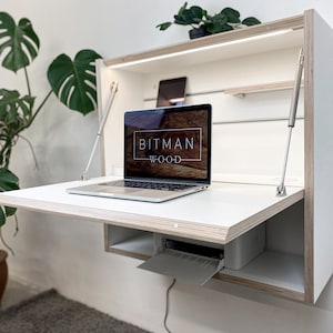 Office Desk• Work Space Secretary Desk Space Saving Desk Wall Mounted Folding Desk White Plywood Table Modern Table Tiny House Furniture