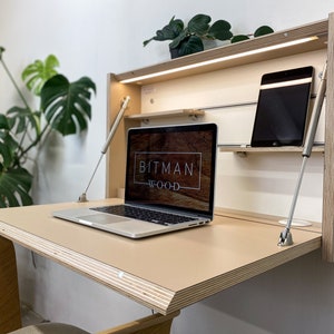 SCRIVANIA PIEGHEVOLE ORIGINALE • Mandorla Beige, postazione di lavoro a parete con piano ribaltabile e illuminazione a LED per ufficio domestico