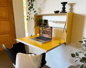 ORIGINAL FOLDING DESK• Curry Yellow Plywood Wall Mounted Secretary