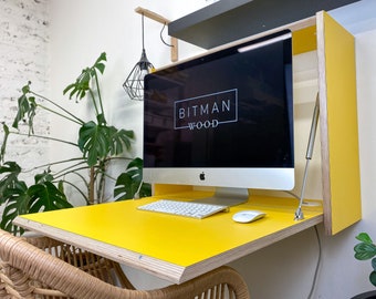 27 MONITOR DESK• Curry Yellow Wall Mounted Space Saving Secretary Drop Down Table