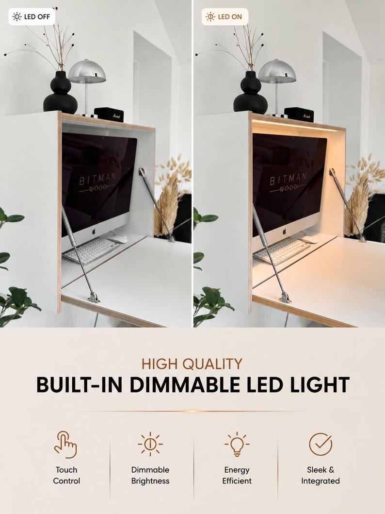 24" MONITOR DESK• White Wall Mounted Fold Down Office Space Saving Table with LED image 10