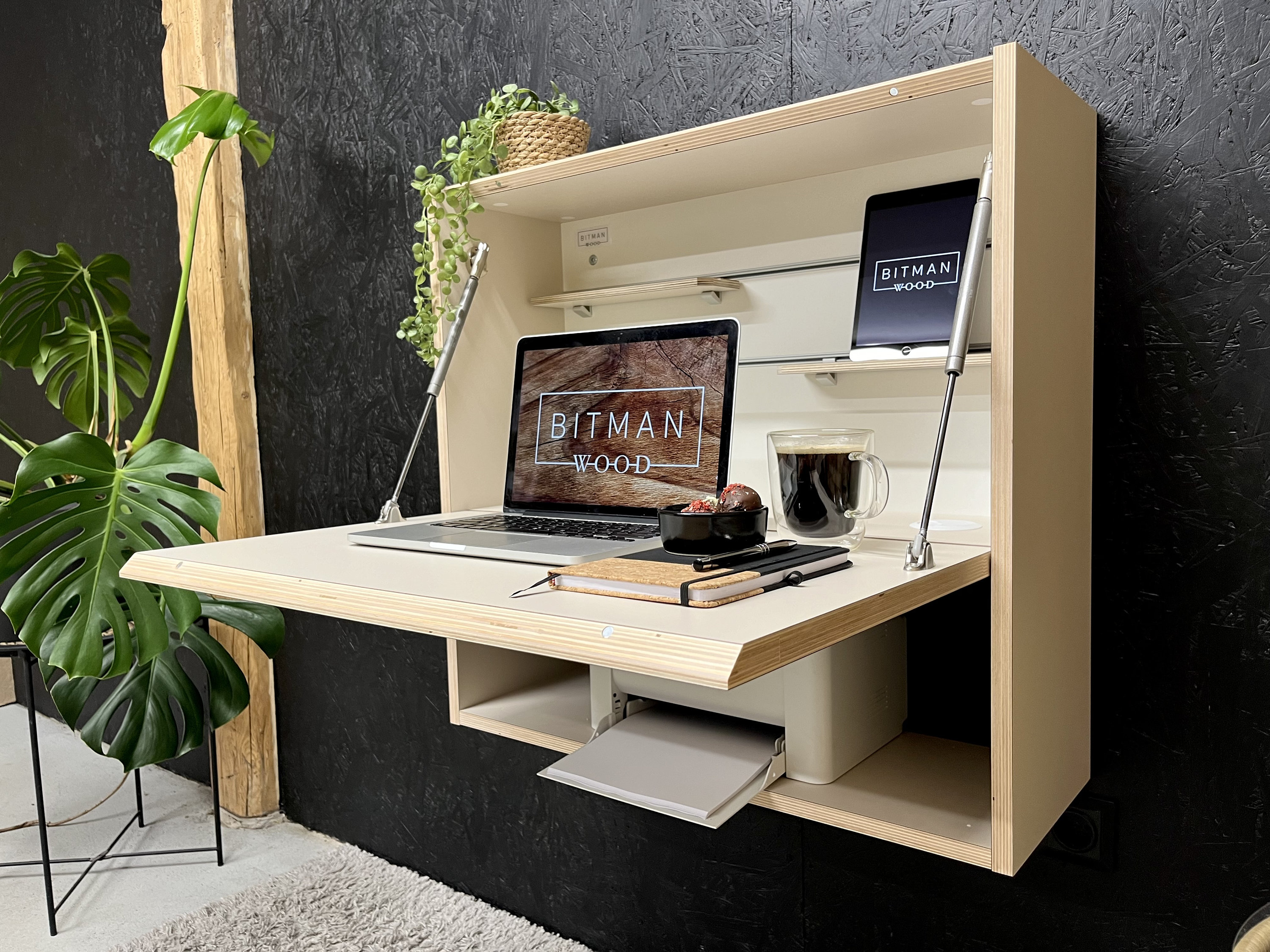 OFFICE DESK• Sand Beige Wall Desk Space-saving Plywood Secretary