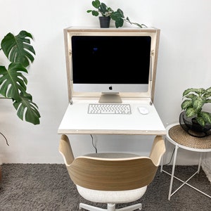 24" MONITOR DESK• White Wall Mounted Fold Down Office Space Saving Table with LED image 3