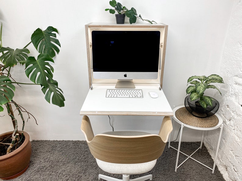 24" MONITOR DESK• White Wall Mounted Fold Down Office Space Saving Table with LED image 3