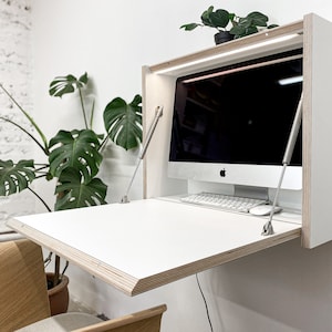 24" MONITOR DESK• White Wall Mounted Fold Down Office Space Saving Table with LED image 5