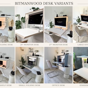 May include: A collection of eight Bitmanwood wall-mounted folding desks in various configurations, including original, monitor-specific, floating shelf, and standing models, featuring white surfaces, integrated lighting, and metal hardware.
