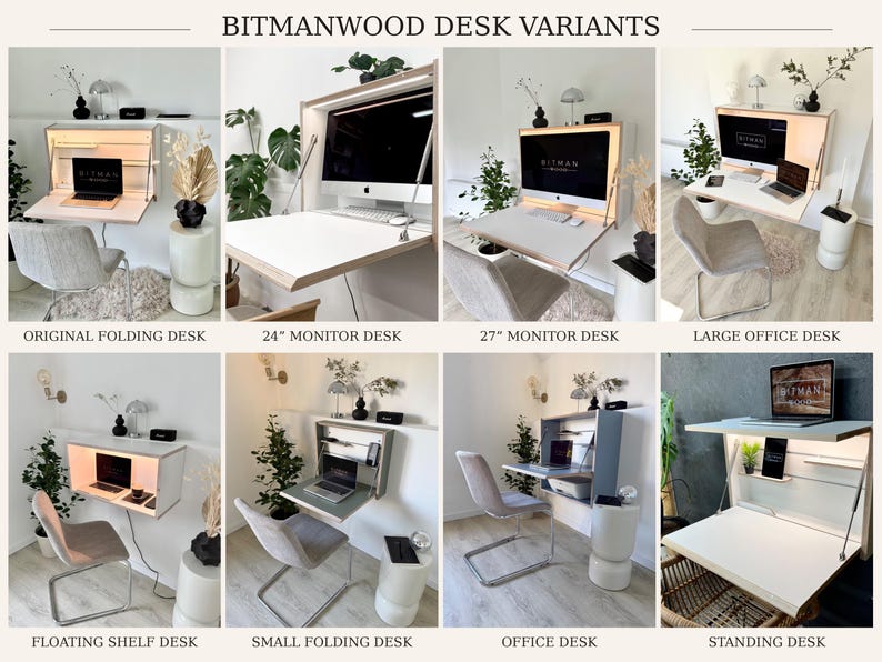 May include: A collection of eight Bitmanwood wall-mounted folding desks in various configurations, including original, monitor-specific, floating shelf, and standing models, featuring white surfaces, integrated lighting, and metal hardware.