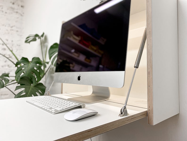 24" MONITOR DESK• White Wall Mounted Fold Down Office Space Saving Table with LED image 4