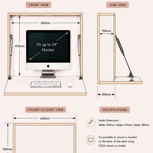 Puede incluir: Un escritorio de madera montado en la pared con superficie abatible y amortiguadores de gas. El diagrama muestra vistas frontal, lateral y cerrada con medidas en mil&iacute;metros, indicando 600mm de ancho, 470mm de alto y 45kg de capacidad de carga.