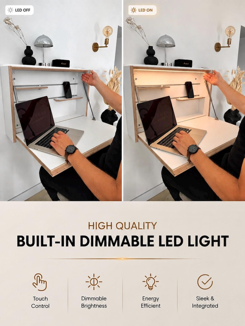 May include: A white wall-mounted fold-down desk with a laptop, featuring a built-in dimmable LED light. The desk includes integrated shelving and a touch-control system. Text on the image reads: HIGH QUALITY BUILT-IN DIMMABLE LED LIGHT, Touch Control, Dimmable Brightness, Energy Efficient, Sleek & Integrated.