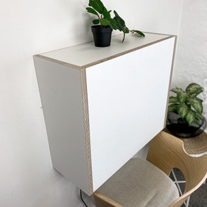 Puede incluir: Un escritorio blanco montado en la pared con forma rectangular y bordes de madera contrachapada de color claro expuestos. El escritorio cuenta con una superficie superior plana y un panel frontal liso, ofreciendo una soluci&oacute;n funcional.