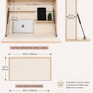 May include: A light wood wall-mounted office desk with a fold-down work surface. The diagram displays inside dimensions of 27.5 in by 15.7 in, a closed side depth of 8.2 in, and outside dimensions of 29.3 in by 18.5 in, with a 9.8 in printer space.