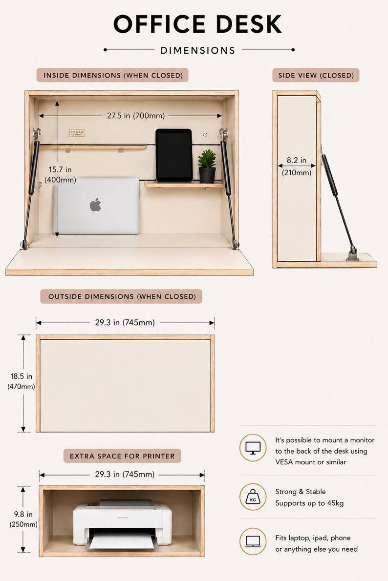 May include: A light wood wall-mounted office desk with a fold-down work surface. The diagram displays inside dimensions of 27.5 in by 15.7 in, a closed side depth of 8.2 in, and outside dimensions of 29.3 in by 18.5 in, with a 9.8 in printer space.