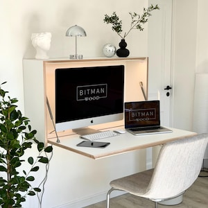LARGE OFFICE DESK• -Premium White- Floating Home Office Desk Work Space Hidden Storage Space Saving Desk Secretary Table Wall Mounted
