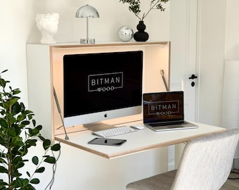 GROßER BÜRO-SCHREIBTISCH • - Premium Weiß - Schwimmender Heim-Büro-Schreibtisch Arbeitsplatz Versteckter Stauraum Platzsparender Schreibtisch Sekretär Tisch Wand Montiert