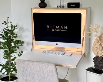 27インチモニターデスク・ホワイト壁掛け式マーフィーデスク iMac