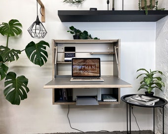 Office Desk• Wall Mount Desk Secretary Desk Folding Desk Work Space Modern Home Office Space Saving Desk Plywood Table Tiny House Furniture