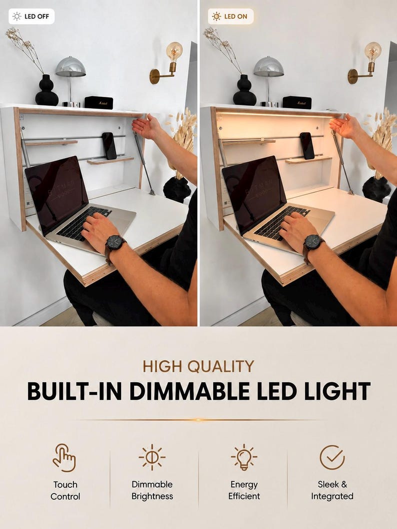 Escritorio para monitor de 24" • Escritorio modular plegable para oficina en casa que ahorra espacio con luz LED imagen 11
