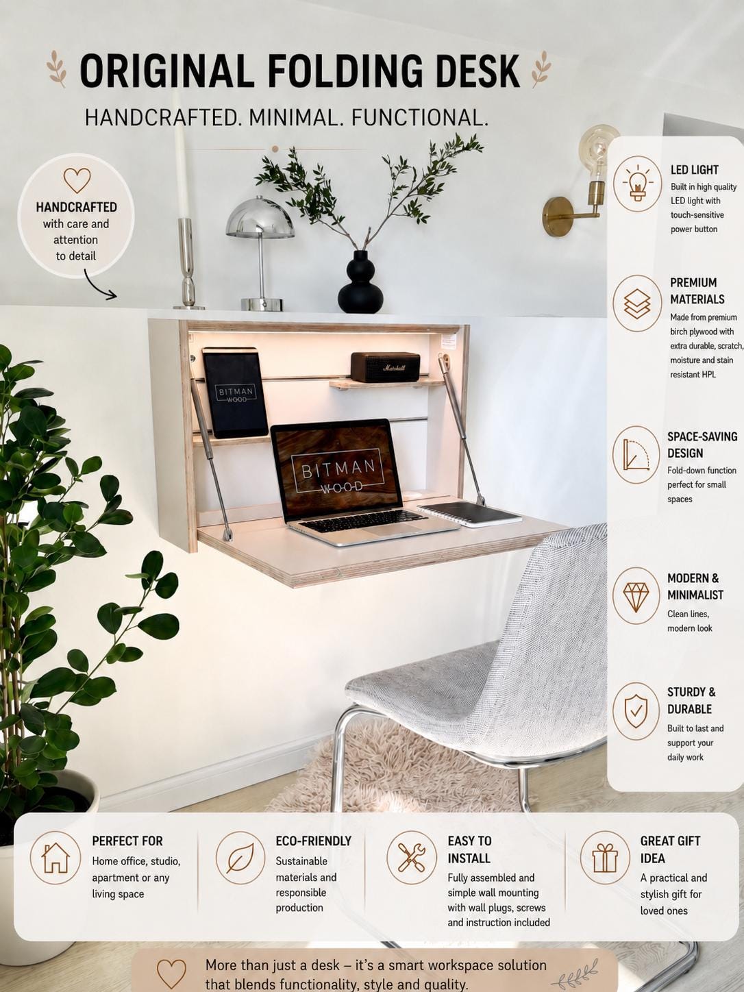 desk space 卓上インテリア ORIGINAL FOLDING DESK• Sand Beige Wall Mounted Modern Space Saving