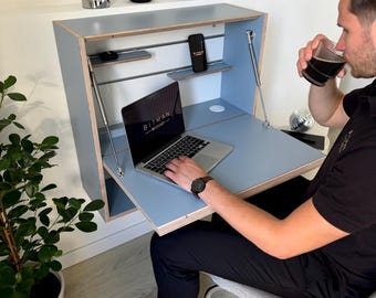 OFFICE DESK• Denim Blue Floating Wall Space Saving Home Office Murphy Table Furniture