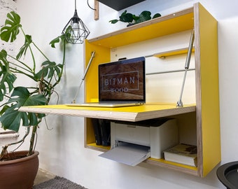 OFFICE DESK• -Curry Yellow- Folding Desk Work Space Desk Space Saving Desk Wall Floating Desk Modern Plywood Design TinyHouse Furniture