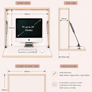 May include: A light-colored wooden wall-mounted desk shown in front, side, and folded views. The desk features gas struts, supports up to 45kg, and accommodates a 24-inch monitor. Dimensions include a 600mm width, 470mm height, and 180mm depth.