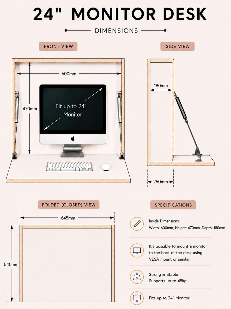 May include: A light-colored wooden wall-mounted desk shown in front, side, and folded views. The desk features gas struts, supports up to 45kg, and accommodates a 24-inch monitor. Dimensions include a 600mm width, 470mm height, and 180mm depth.