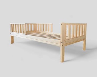 Toddler bed with safety rails, Slatted kids bed frame, Childrens bed with guard rails and slatted bed base, Pre-assembled, Handmade in UK