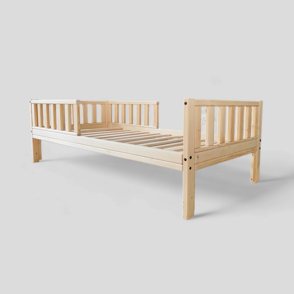 Toddler bed with safety rails, Slatted kids bed frame, Childrens bed with guard rails and slatted bed base, Pre-assembled, Handmade in UK