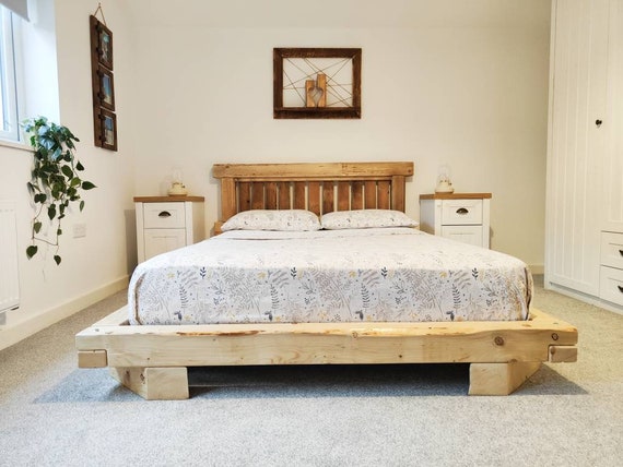 Farmhouse bed frame with headboard Solid wood heavy duty platform bed Handmade rustic low profile bed Classic bedroom furniture Etsy