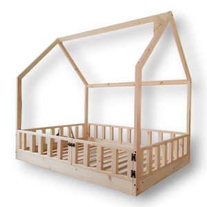 Handmade Montessori Floor Bed with Rails – Solid Wood Toddler House Bed, Made in UK