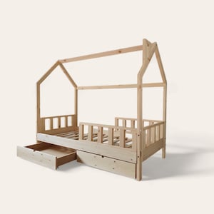 Toddler house bed with safety rails and storage, Montessori kids bed with drawers, Children play bed, Kids playhouse, Children furniture