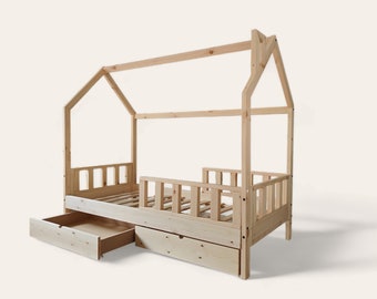 Toddler house bed with safety rails and storage, Montessori kids bed with drawers, Children play bed, Kids playhouse, Children furniture