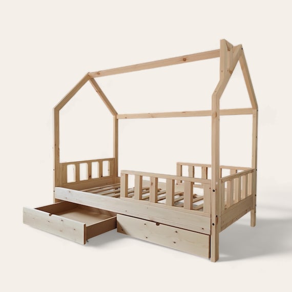 Toddler House Bed With Safety Rails and Storage Montessori Kids Bed With Drawers Children Play Bed Kids Playhouse Children Furniture Etsy Australia