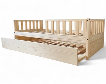 Toddler bed frame with rails and drawers, Handmade kids bed with trundle, Wooden children bed, Customisable, Natural solid wood