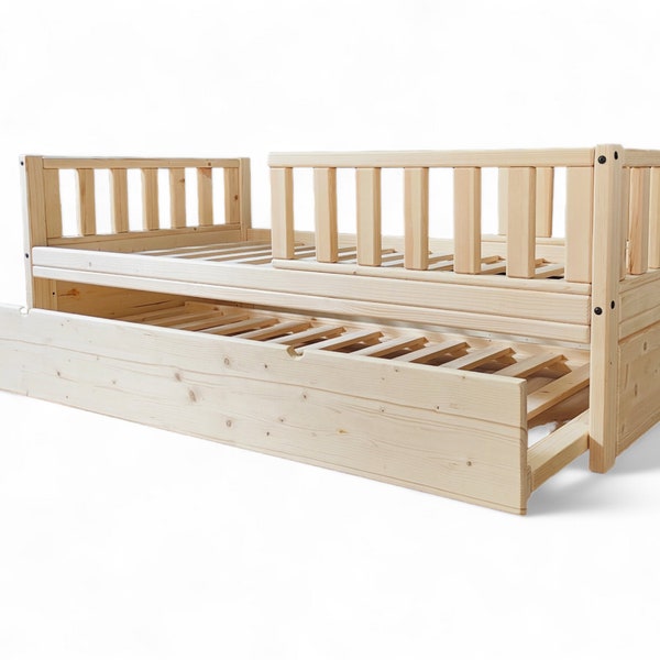 Toddler bed frame with rails and drawers, Handmade kids bed with trundle, Wooden children bed, Customisable, Natural solid wood