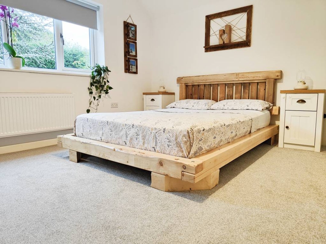 Farmhouse Bed Frame With Headboard Solid Wood Heavy Duty Platform Bed Handmade Rustic Low Profile Bed Classic Bedroom Furniture Etsy