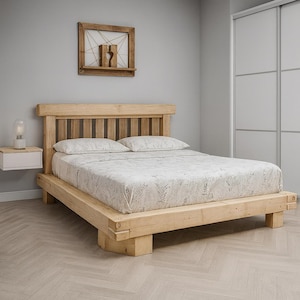 Handmade Solid Wood Platform Bed Frame – Rustic Farmhouse Style, Low Profile with Headboard