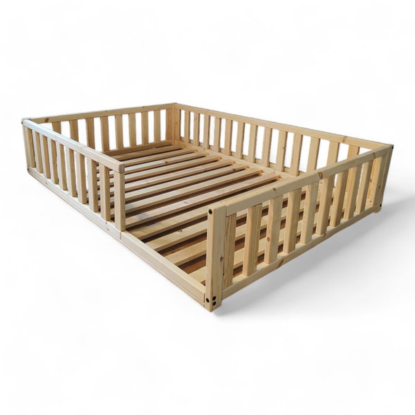 Floor bed with rails, Toddler bed and slats, Toddler floor bed with safety railings, Handmade Montessori bed,  Kids bed