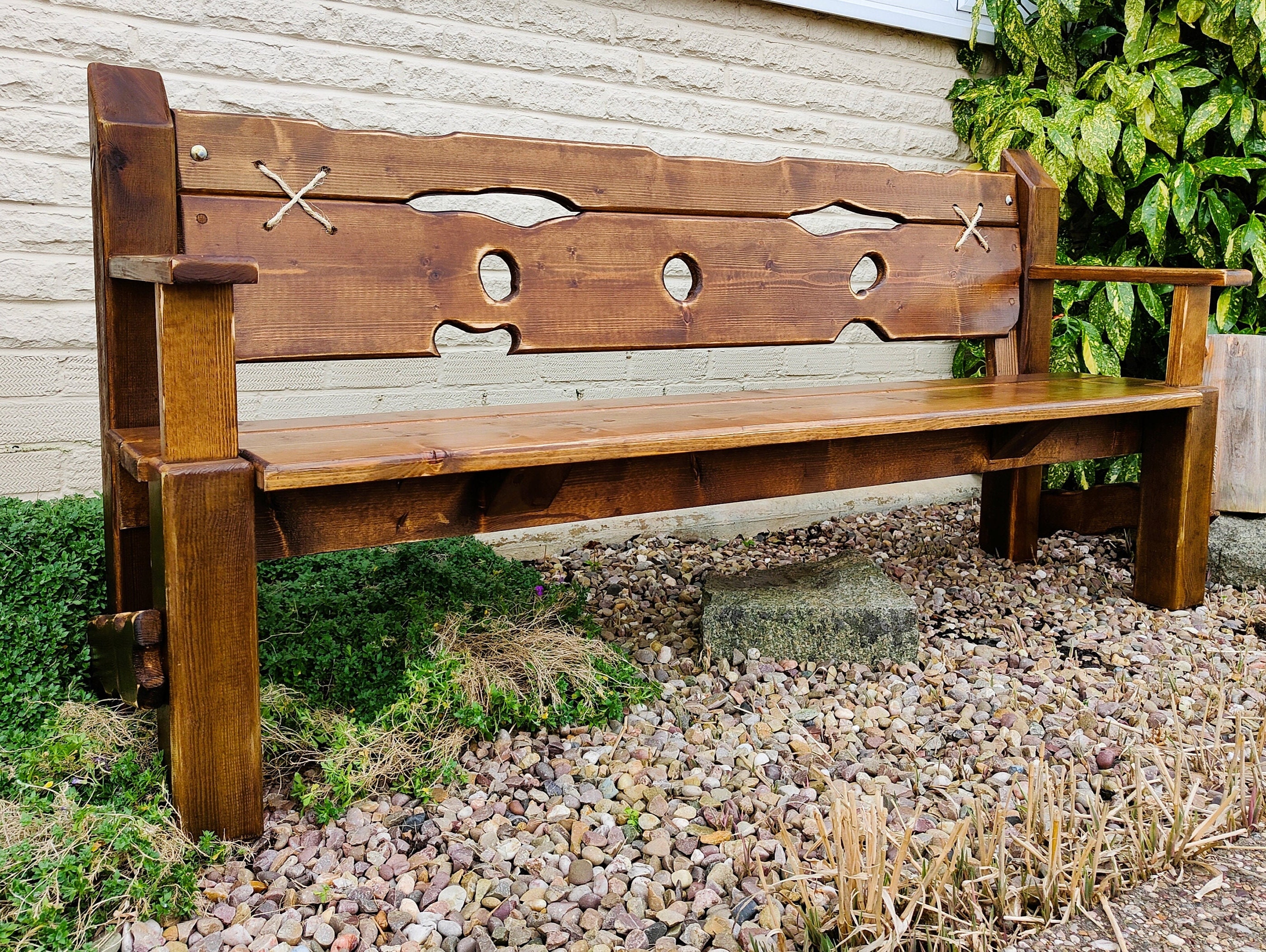 3 Seater Garden Bench With Armrest Solid Wood Dark Oak Stained