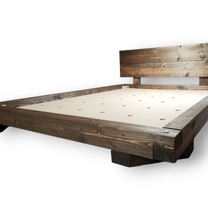 Bed frame with headboard, Dark walnut stained platform bed, Handmade solid wood Farmhouse bed, Low profile industrial bed