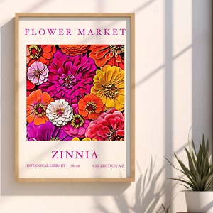 Zinnia Flower Market Print , Floral Decor Poster Sets , Printable Digital Art , Download Posters , Botanical Wall Art  , Colorful Prints